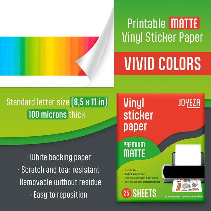 JOYEZA Premium Printable Vinyl Sticker Paper for Inkjet Printer - 25 Sheets Matte White Waterproof, Dries Quickly
