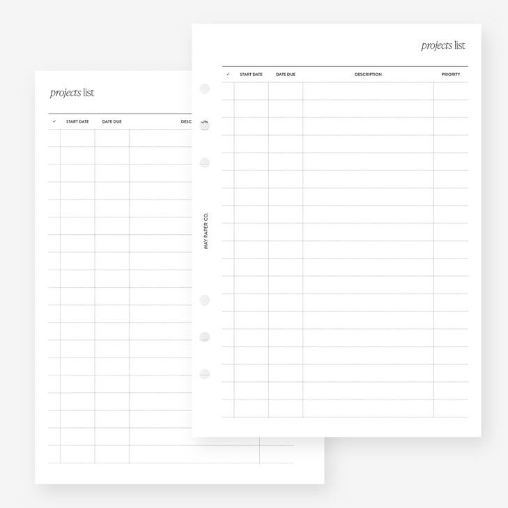MAY PAPER CO. A5 Projects List Planner Insert Agenda Refill for Filofax A5, Kikki K Large, LV GM sized 6 ring agendas,