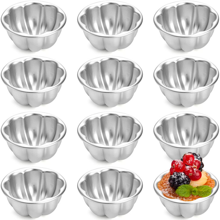 Mezchi 12 Pack Egg Tart Molds, Aluminum Alloy Pudding Jelly Molds, Reusable Cake Tartlets, Cupcake and Muffin Cups for