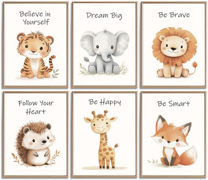 Myzoran 6pcs Safari Animal Nursery Wall Art Affirmation Posters for Children's Room, Jungle Animal Wall Decor, Baby
