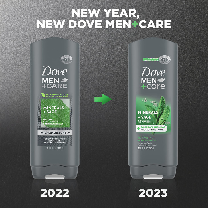 Dove Body and Face Wash Reviving Minerals + Sage Body Wash for Men with 24-Hour Nourishing Micromoisture Technology, 18 oz