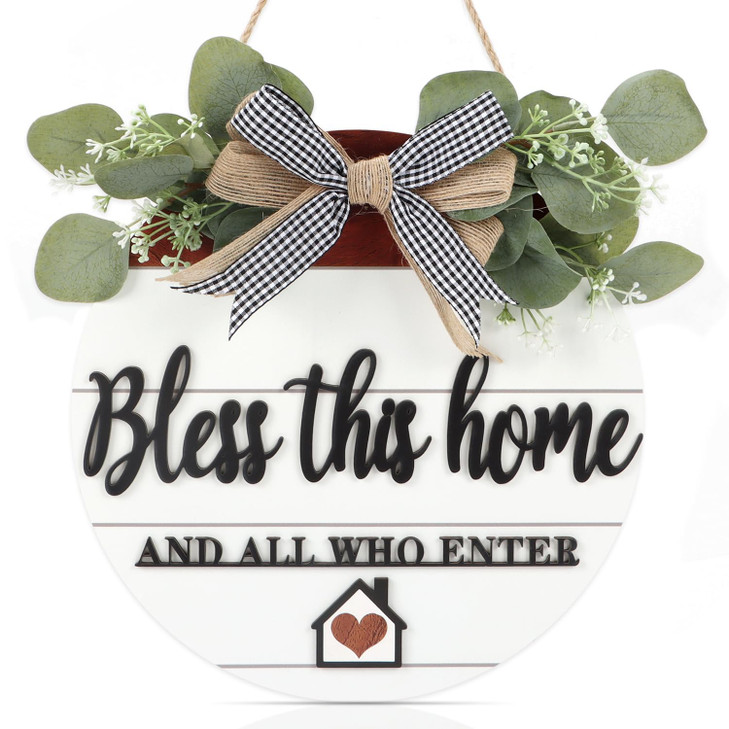 TOARTi 3D Bless This Home Wooden Door Sign Hanging, Welcome Porch Wall Sign with Bow-Knot Wreath, Bless This Home and