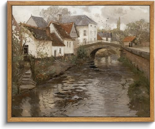 KBKBART Vintage Wall Art, Retro European Village Country Framed Canvas Art Prints Painting Farmhouse Decor, Rustic
