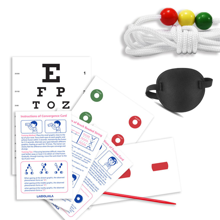 7.5ft Vision Convergence Beads Training Kit Snellen Eye Chart, Eye Patch & 2 Strabismus Correction Cards for