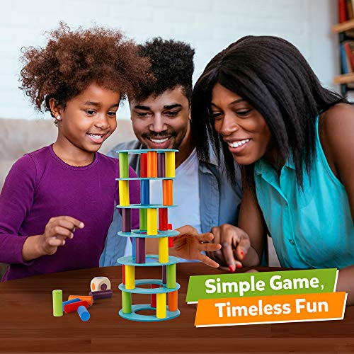 Coogam Wooden Tower Stacking Game, Fine Motor Skill Montessori Building Blocks with Dice Toppling Leaning Tower Toy