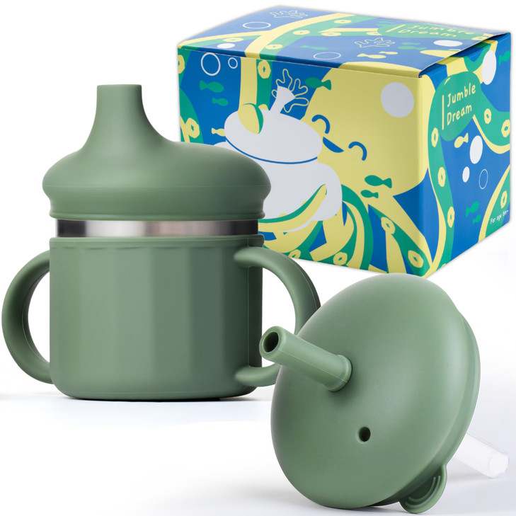 Jumble Dream Stainless Steel Sippy Cup  Spill-Proof Straw Cup,Sage Breeze