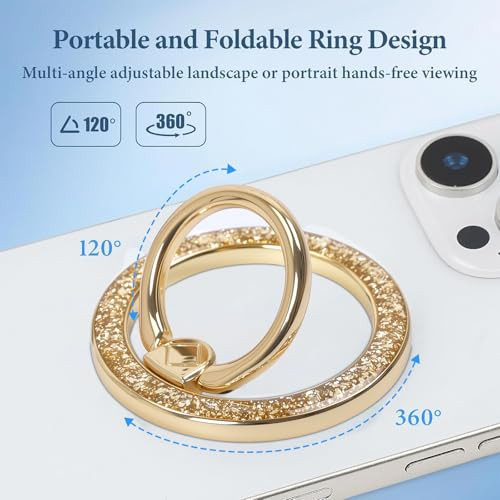 Magnetic Phone Ring for MagSafe Grip [Super Magnet] Gold Twinkle Design Ring Holder Stand, magsafe pop Socket (Gold)