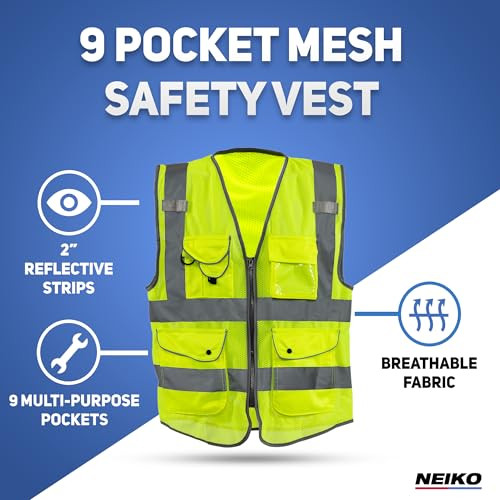 Neiko High Visibility Safety Vest ANSI Class 2, 9 Pockets, Neon Yellow, 6X-Large (6XL)
