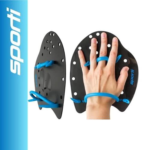 Sporti Power Swim Paddles - Swimming Training Hand Paddles - Adjustable Straps - Lap Swimming Gear (Medium, Black)