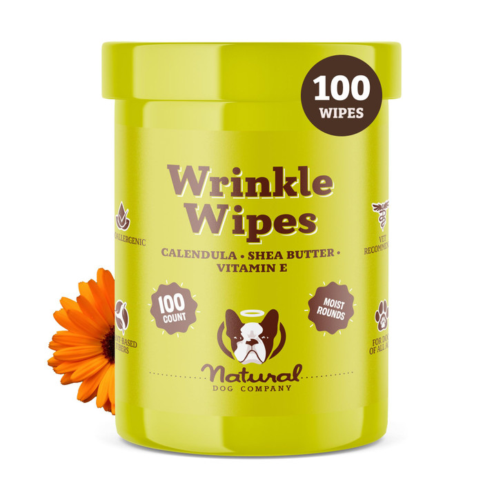 Natural Dog Company Wrinkle Wipes for Dogs, 100 Count, Hypoallergenic, Cleaning & Deodorizing, for Grooming Faces,