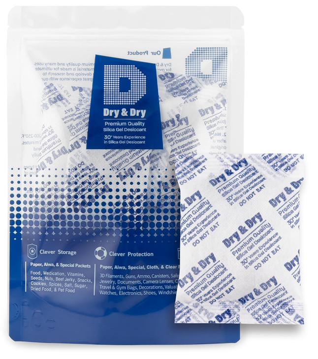 Dry & Dry 50 Gram [10 Packets] Silica Gel Packets Desiccants, Silica Packets - Rechargeable Moisture Absorbers for