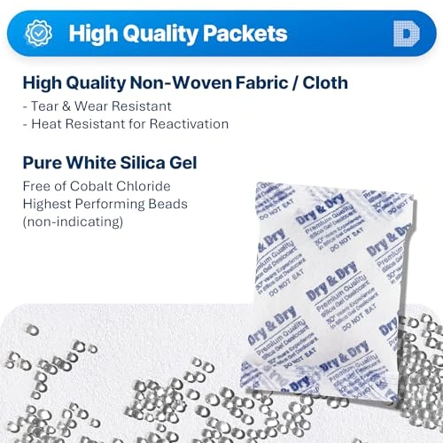 Dry & Dry 50 Gram [10 Packets] Silica Gel Packets Desiccants, Silica Packets - Rechargeable Moisture Absorbers for