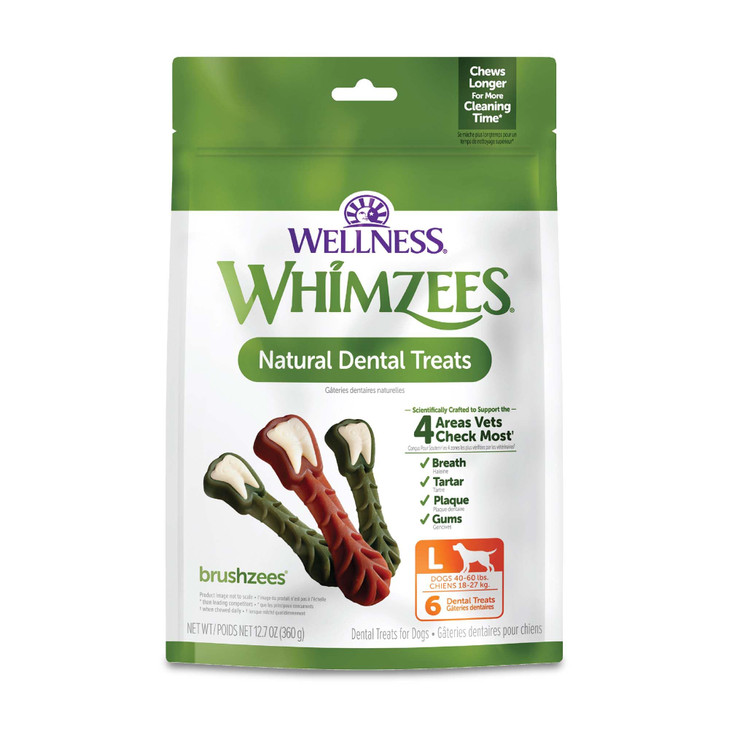 Whimzees Wellness Brushzees Natural Dog Dental Treat, VOHC Accepted Chews, Freshens Breath, Large Size, 12.7 oz Bag, 6