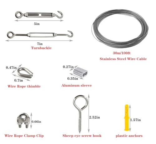1/16 Wire Rope Kit,Vinyl Coated Aircraft Cable,7x7 Strand Core with Turnbuckles,Crimping Loop Sleeve,Cable Clip Clamp