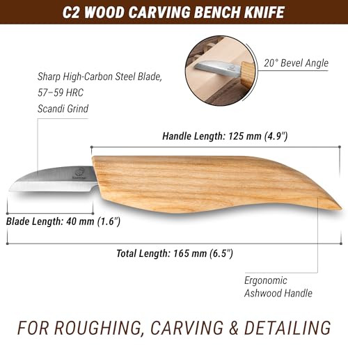 BeaverCraft Whittling Knife C2 6.5" - Wood Chip Carving Knife for General Purpose - Detail Whittling Knives Carbon