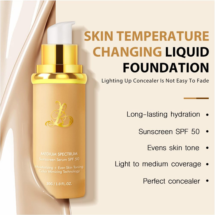 Foundation 4 in 1 - Color Changing Foundation, Medium Spectrum with SPF 50, Hypoallergenic Hydrating Liquid Concealer,