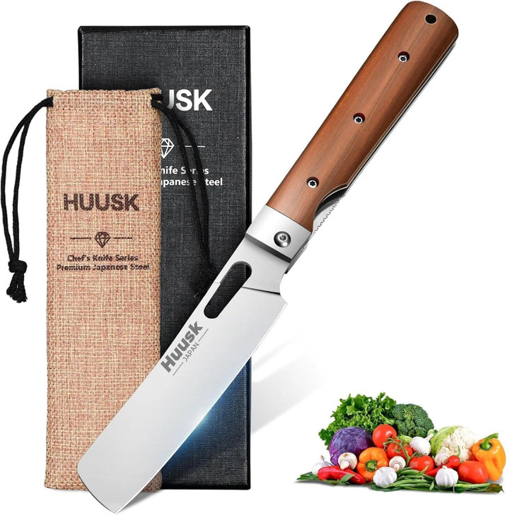 Huusk Japanese Folding Nakiri Knife - Pocket Chef Knives for BBQ