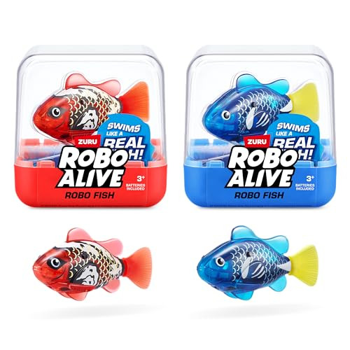 Robo Alive Robo Fish Robotic Swimming Fish (Blue + Red) by ZURU Water Activated, Changes Color, Comes with Batteries,