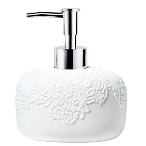 White Soap Dispenser, Ceramic Countertop Lotion Dispenser 14oz with Embossed Design, Bathroom Refillable Lotion Bottle