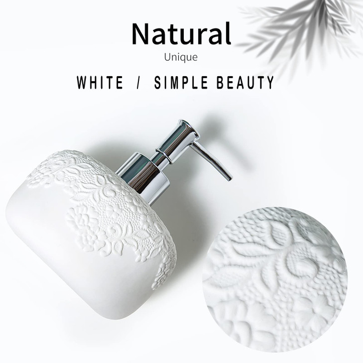 White Soap Dispenser, Ceramic Countertop Lotion Dispenser 14oz with Embossed Design, Bathroom Refillable Lotion Bottle