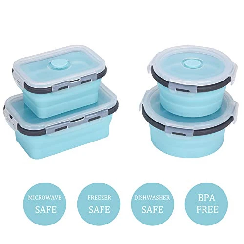 KUON Collapsible Silicone Food Storage Containers with Airtight Lids, Set of 4 Stacking Container, Microwave and