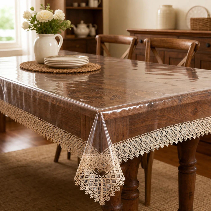LIBERECOO Clear Tablecloth Protector, 0.15mm Heavy Duty Waterproof Vinyl Table Cover with Elegant Lace Trim, Crystal