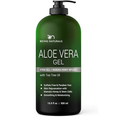 Aloe vera Gel - from 100% Pure Organic Aloe Infused with Manuka Honey, Stem Cell, Tea Tree Oil - Natural Raw