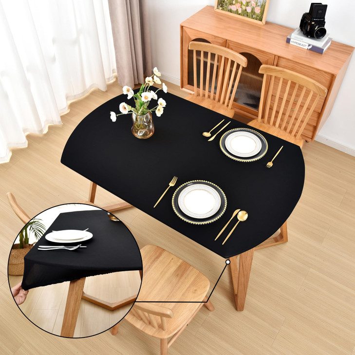 Amonsa Oval Black Fitted Tablecloth with Elastic 48x72 inch for Oval Tables Washable Stretchy Spandex Fabric Table