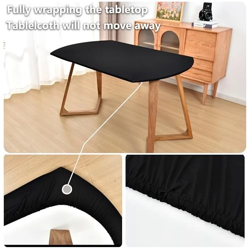 Amonsa Oval Black Fitted Tablecloth with Elastic 48x72 inch for Oval Tables Washable Stretchy Spandex Fabric Table