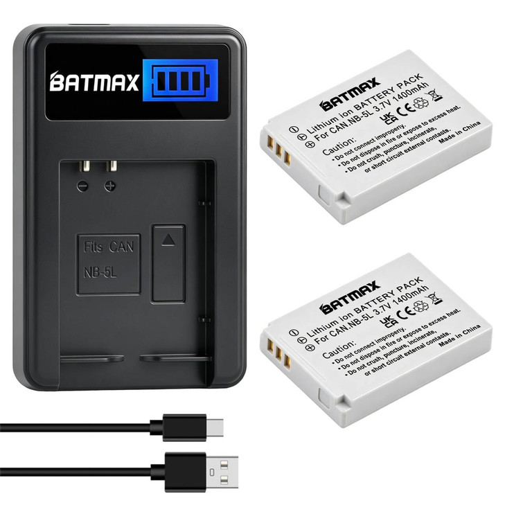 Batmax 2Pcs 1400mAh NB-5L NB5L Battery + LCD USB Charger for Canon PowerShot S100, S110, SD790IS, SD850IS, SD870IS,