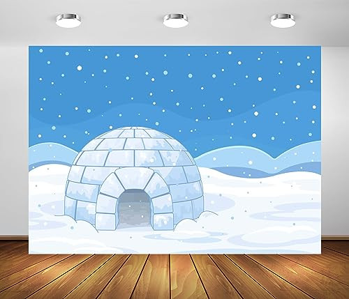 BELECO 7x5ft Fabric Cartoon Arctic Igloo Backdrop - Polar Snowflakes White Winter Snowing Scene Background - Igloo