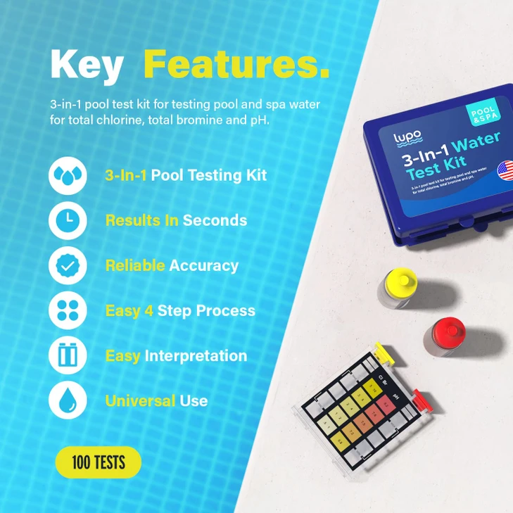 Lupo 3-in-1 Pool Test Kit | Pool Testing Kit for Residential Swimming Pools & Spas for Testing Total Chlorine, Total