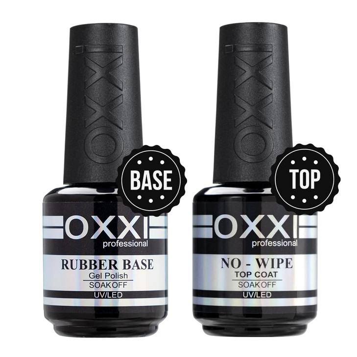 OXXI Professional 2X15ml Rubber Base Gel,No Wipe Top Coat Gel Nail Polish Set,Self-leveling Thick Nail Base Coat and
