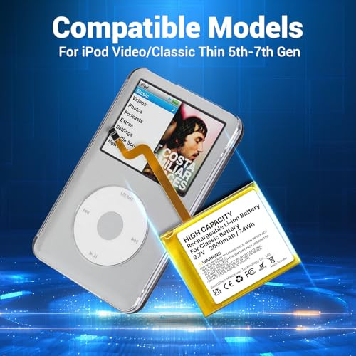 PFHL 2026 New Version, 2000mAh High Capacity Li-ion Square Replacement Battery for iPod Video/Classic Thin 5th-7th Gen