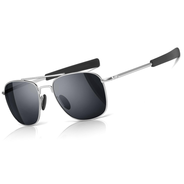 SUNGAIT Men's Military Style Polarized Pilot Aviator Sunglasses - Bayonet Temples (Silver Frame/Gray Lens, 55) A285YKHU