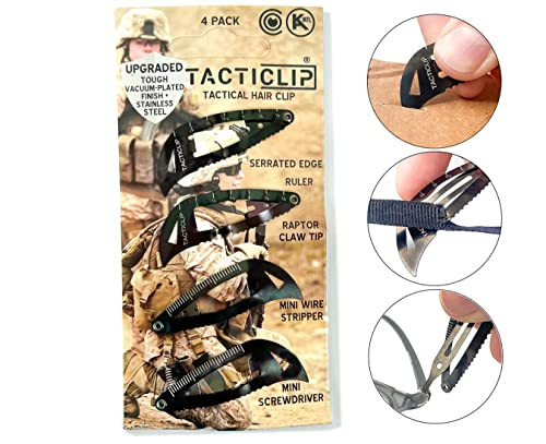 Tactical Hair Clips, 4 Pack - Black - Multitool Snap Barrettes - Laser Engraved, Vacuum Plated, Multi-Functional