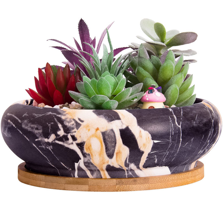 ARTKETTY Succulent Pots - 7.3 Inch Large Bonsai Pots with Drainage Tray, Ceramic Pots for Indoor Plants, Shallow