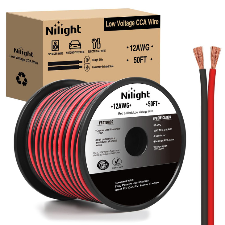 Nilight 50FT 12AWG Copper Clad Aluminum Wire 12/2 Gauge Red Black