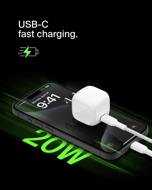 Belkin Compact Charger Block 20W, USB-C Fast Charging - Apple iPhone 17, Air, Pro, Pro Max, Samsung Galaxy S25, iPad, AirPods, Apple Watch, Nintendo