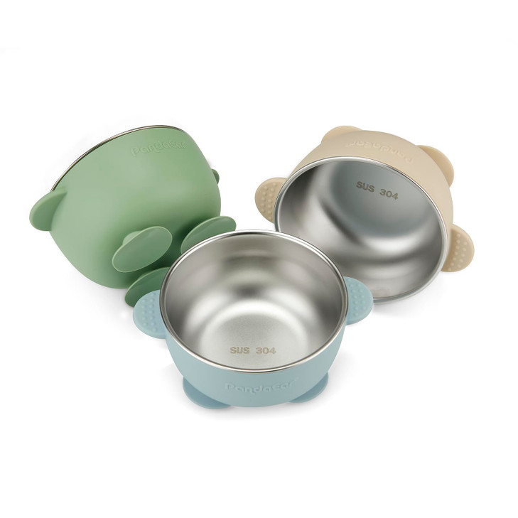 PandaEar 3 Pack Stainless Steel Baby Suction Bowls, Non-Slip Child Food Bowl with Silicone Sleeve for Kids Toddlers