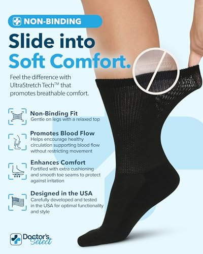 Doctor's Select® Diabetic Socks for Men - 4 Pairs Crew Black Diabetic Socks for Men 9-12 | Moisture-Wicking |