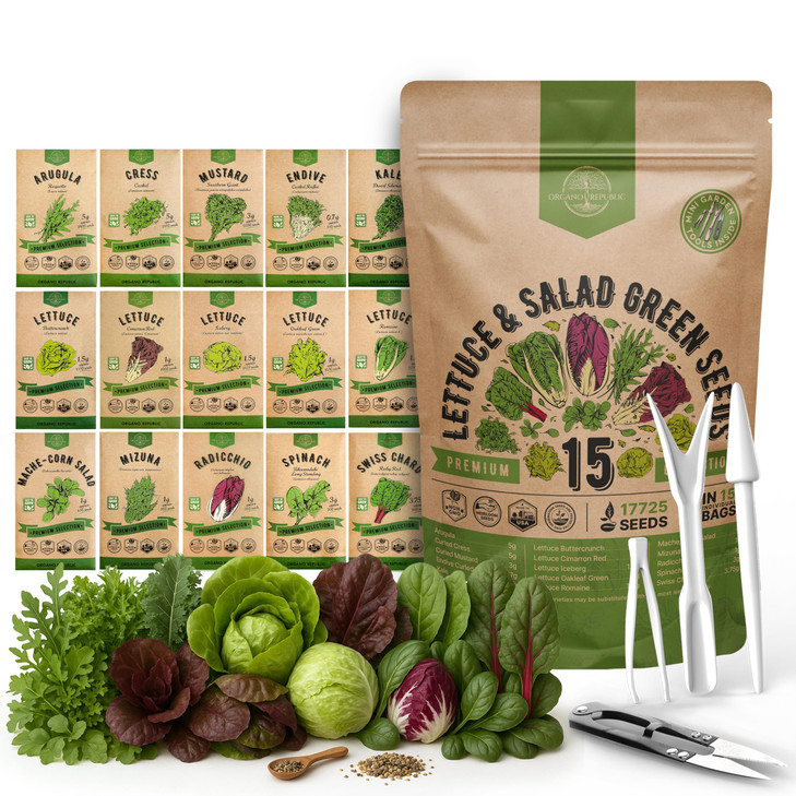 Organo Republic 15 Lettuce & Salad Greens Seeds Variety Pack 17700+ Non-GMO Heirloom Lettuce Seeds for Indoors &