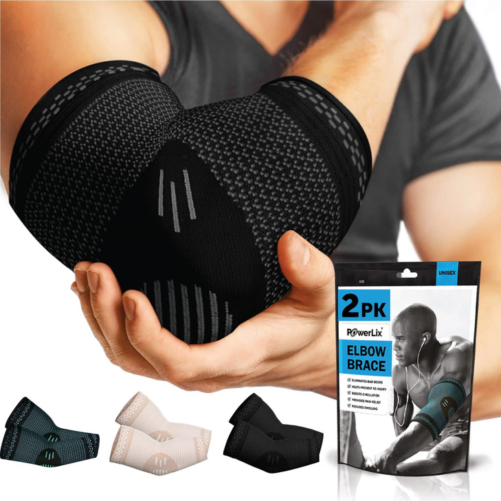 POWERLIX 2Pack Elbow Orthopedic Brace Compression Support (Pair) - Elbow Sleeve for Tennis, Golfers, Bursitis, and