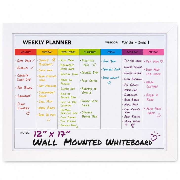 Weekly Dry Erase Board for Wall [17in x 12in] Weekly Whiteboard Planner and Magnetic Calendar - Days of The Week White