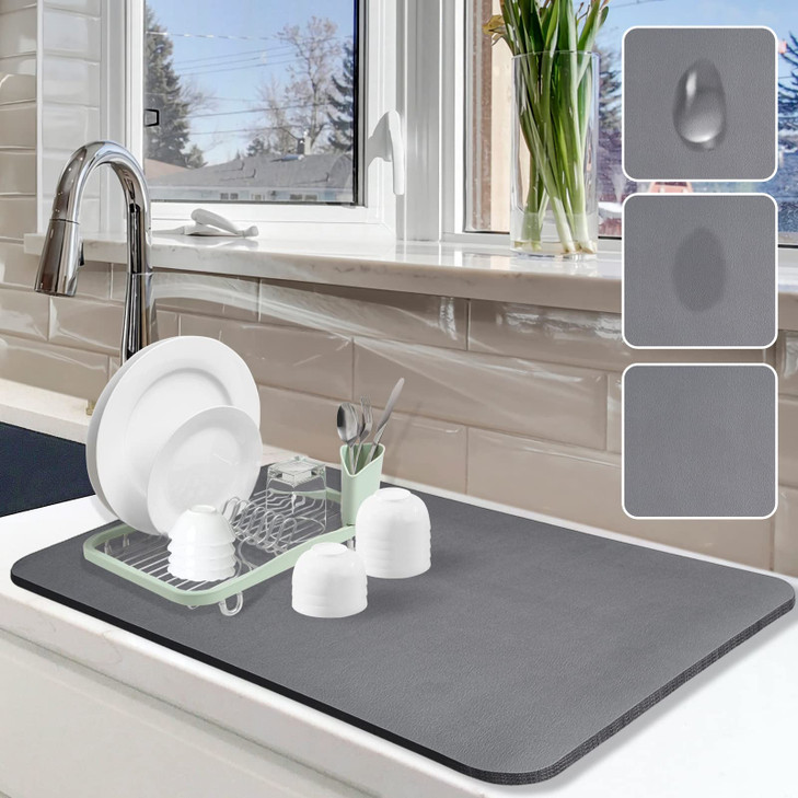 Dish Drying Mat for Kitchen Counter, 16"x24" Pad with Rubber Backed (Grey)
