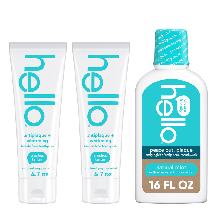 hello Antiplaque Fluoride Free Whitening Toothpaste and Peace Out Plaque Alcohol Free Mouthwash Pack, Includes Two 4.7