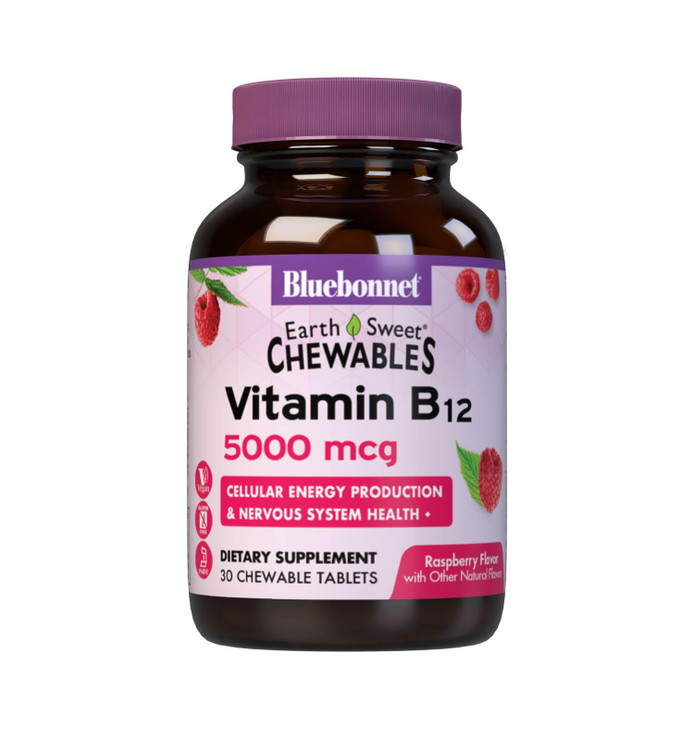 Bluebonnet Nutrition Earth Sweet Vitamin B12 5000 mcg Chewable Tablets, Soy-Free, Gluten-Free, Kosher Certified, Dairy-Free, Vegan, Raspberry Flavore