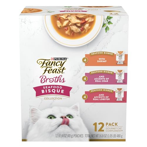Purina Fancy Feast Broth Seafood Bisque Complement Variety Pack Gourmet Grain-Free Lickable Cat Food Topper, Pack of