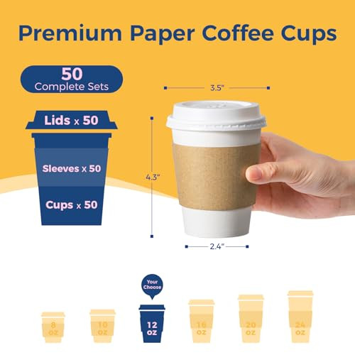Fit Meal Prep 50 Pack 12 oz Disposable Coffee Cups with Lids, Sleeves, Leak-Proof To Go Coffee Cups with Lids, Durable