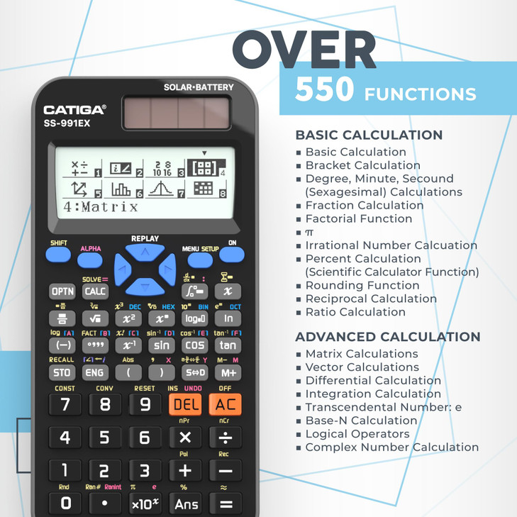 CATIGA SS-991EX Scientific Calculator with Advanced 550 Functions- Solar & Battery Powered, Multi-Function, High